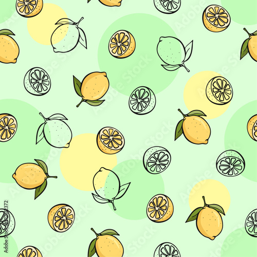 Seamless vector pattern with cartoon hand drawn fruits and berries. Vector illustration. Suitable for wallpaper, print, t-shirt, banner, pattern.