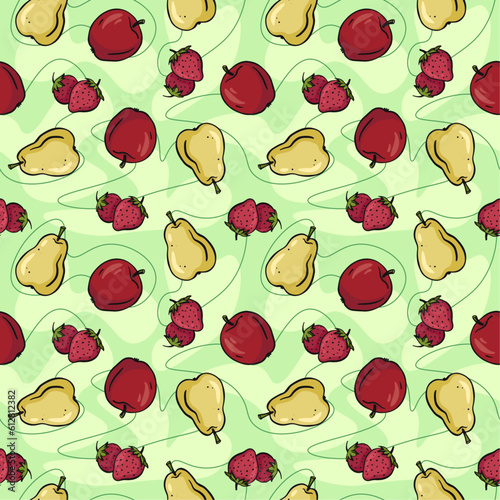 Seamless vector pattern with cartoon hand drawn fruits and berries. Vector illustration. Suitable for wallpaper, print, t-shirt, banner, pattern.