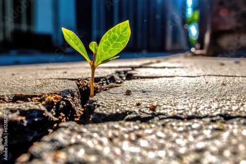 Green sprout growing from crack in the concrete. Nature background. generative AI