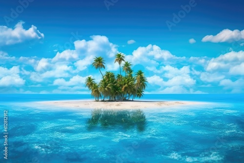 Tropical tiny desert island with palm trees atoll in the middle of the ocean. paradise island. generative AI