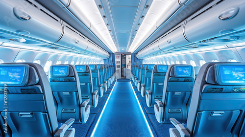 Interior of empty modern aircraft with blue flight seats and hallway in daytime during flight. Generative AI © PaulShlykov