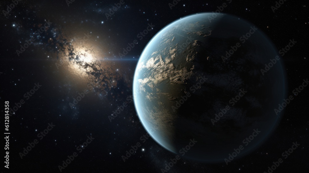 Kepler-438b in a Starry Space. Kepler. Galaxy. Planets. Made With Generative AI.