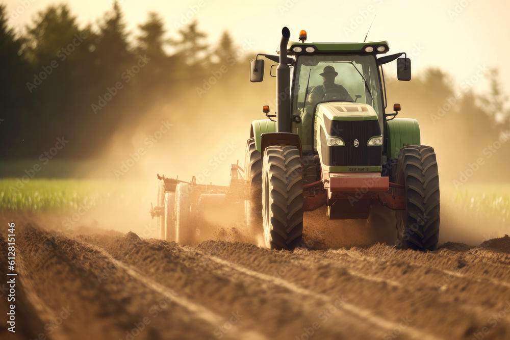 Farmer using tractor works on agricultural field. Generative AI Farmer using tractor works on agricultural field. Generative AI