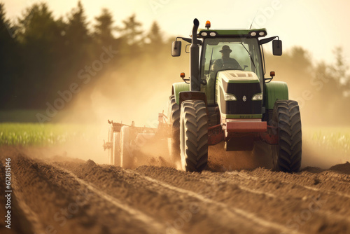 Farmer using tractor works on agricultural field. Generative AI