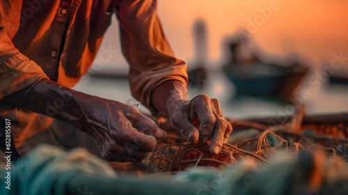The weathered hands of an Indonesian fisherman expertly casting a fishing net. Generative AI