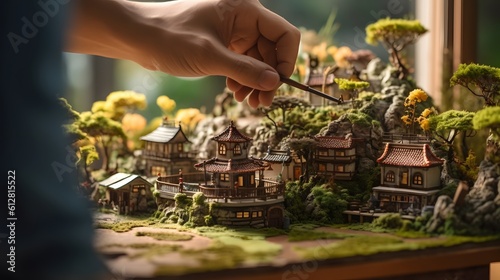 The hands of a skilled artist crafting a detailed diorama. Generative AI