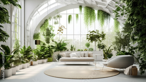 modern apartment interior in light colors, natural materials, eco concept, cozy with many house plants,copy space, mockup, AI generated