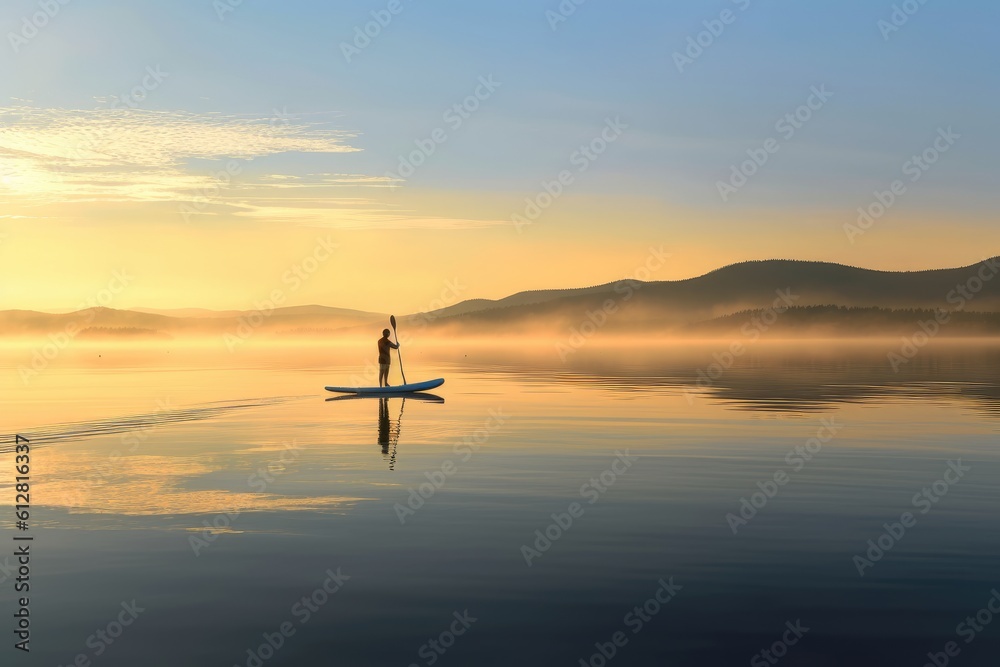A serene shot of a paddleboarder gliding across a calm lake at sunrise. Generative AI A serene shot of a paddleboarder gliding across a calm lake at sunrise. Generative AI