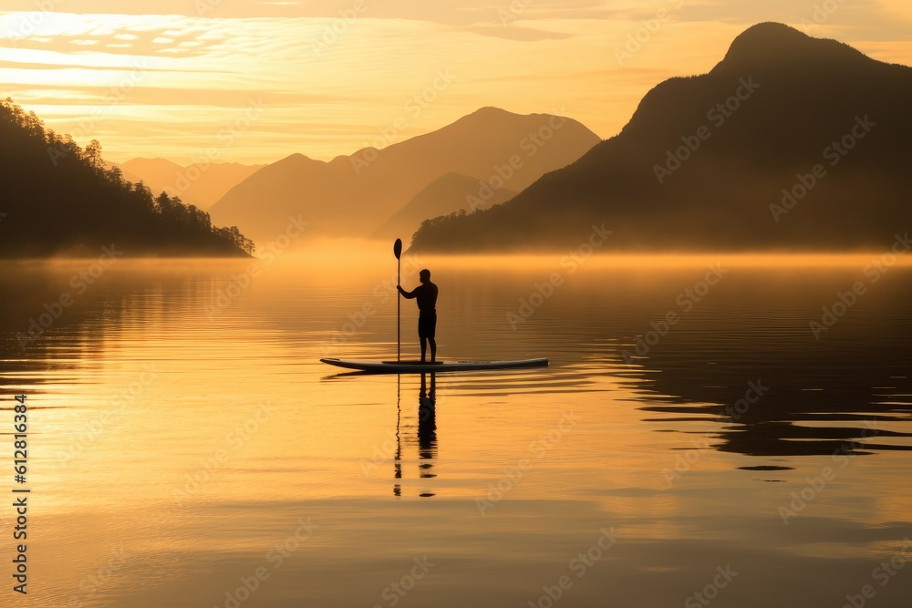 A serene shot of a paddleboarder gliding across a calm lake at sunrise. Generative AI