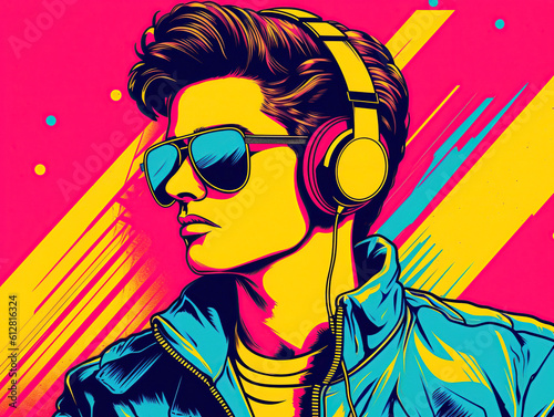 Young man wearing headphones and sunglasses  listening music on a colorful background. Vibrant pop art retro style. Created with generative Ai
