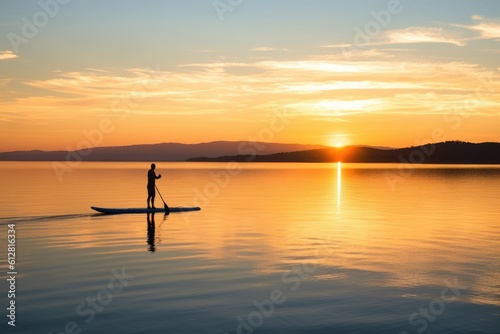 A serene shot of a paddleboarder gliding across a calm lake at sunrise. Generative AI © Mustafa