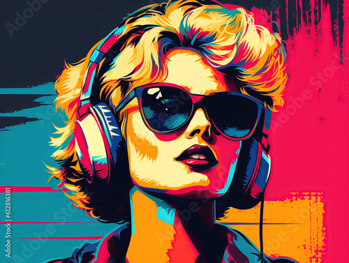 Pop art retro style pretty blonde young woman wearing headphones and sunglasses on vibrant colorful background. Created with generative Ai