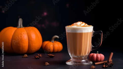 Spicy pumpkin latte with whipped cream and cinnamon over dark background with autumn leaves. A glass of creamy coffee with pumpkin, spices and cinnamon stick. Copy space. Generative AI