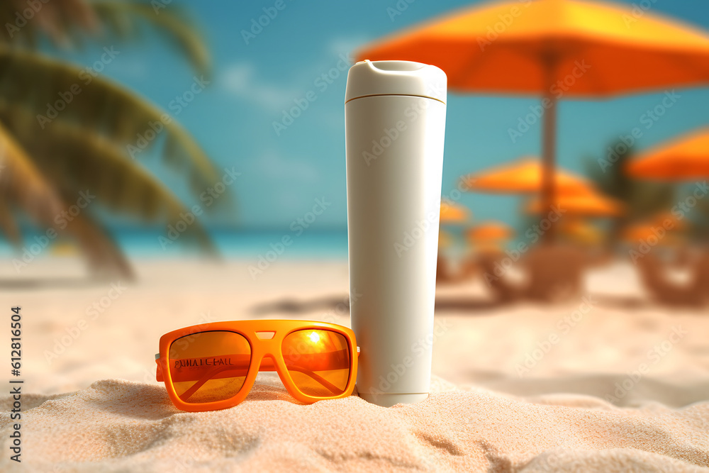 sunscreen and sunglasses on beach sand, generative ai sunscreen and sunglasses on beach sand, generative ai