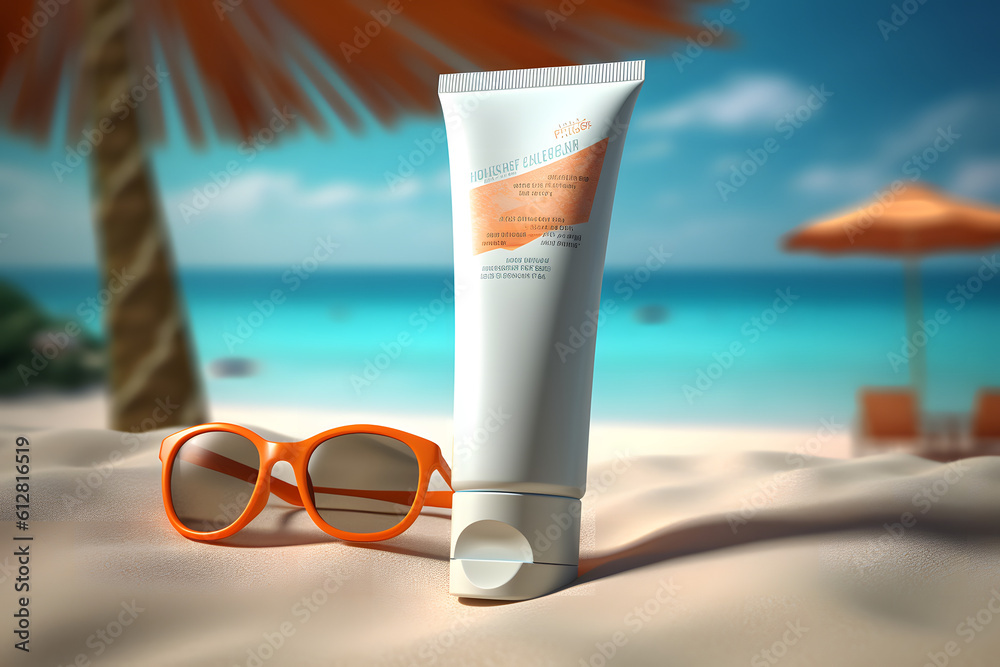 sunscreen and sunglasses on beach sand, generative ai