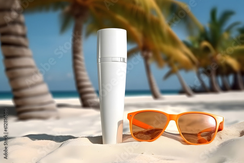 sunscreen and sunglasses on beach sand, generative ai