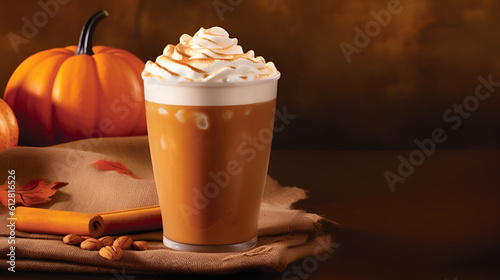 Spicy pumpkin latte with whipped cream and cinnamon over dark maroon autumn background. A glass of creamy coffee with pumpkin, spices and cinnamon stick. Copy space. Generative AI