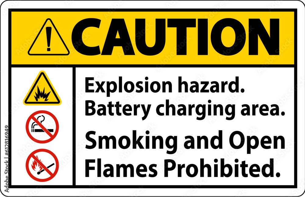 Caution Sign Explosion Hazard, Battery Charging Area, Smoking And Open Flames Prohibited