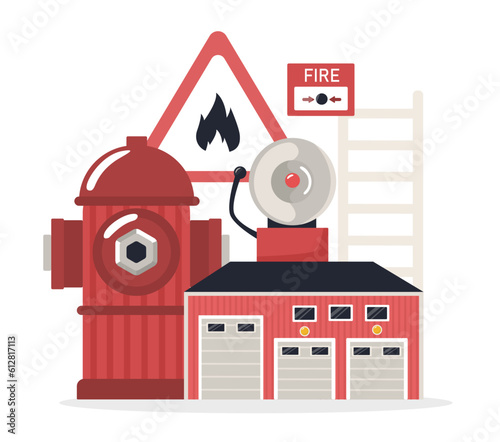 Fire department work concept. Safety and disaster prevention. Hydrant, fire extinguisher and danger sign, fire brigade call button and building. Urban landscape. Cartoon flat vector illustration