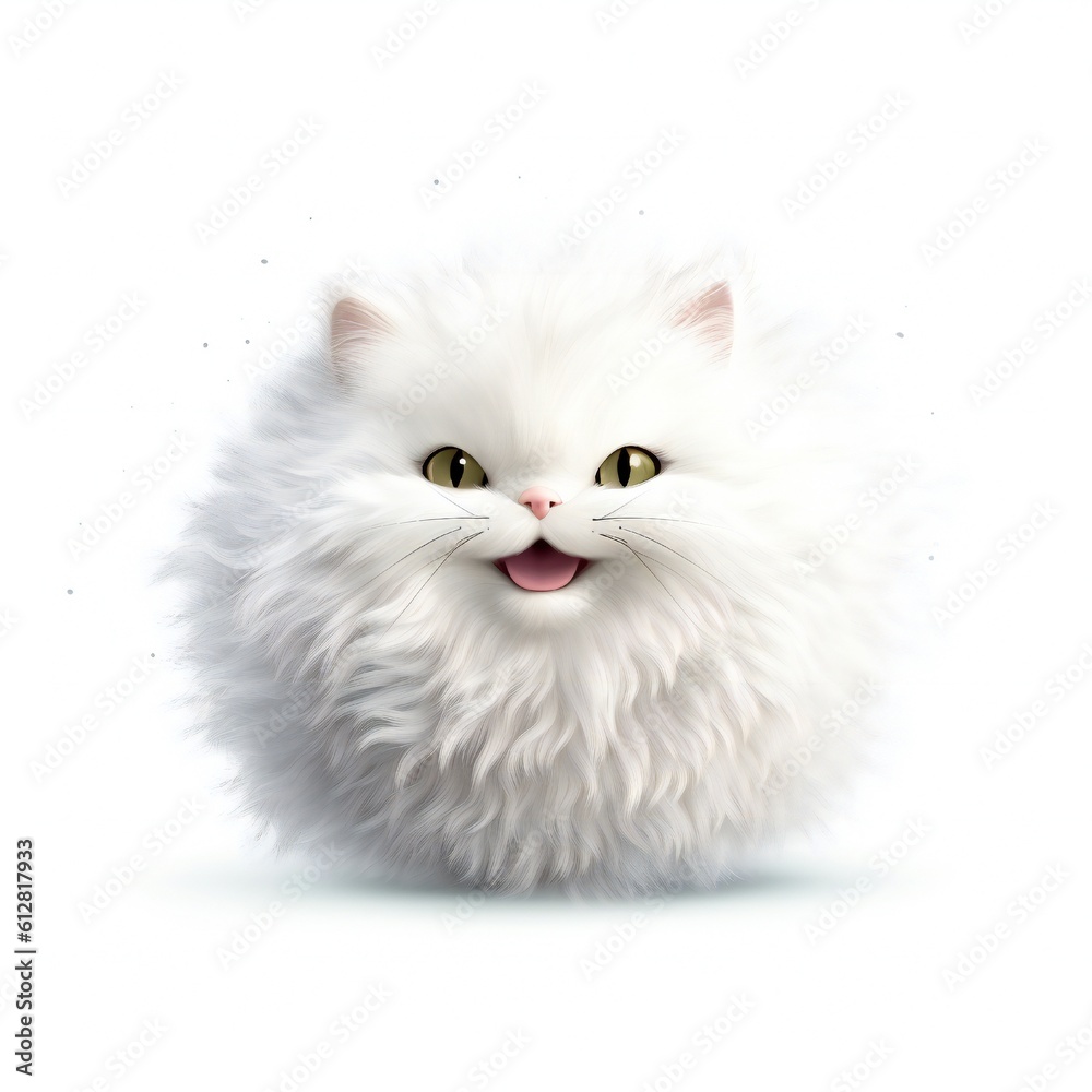 Happy fluffy smiley face cat cartoon mascot on white background Generative AI