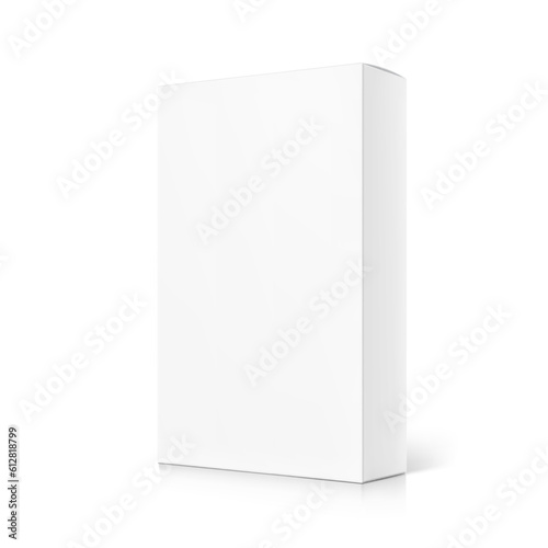 Realistic cardboard box mockup. Vector illustration isolated on white background. Half side view. Can be use for food, cosmetic, pharmacy, sport and etc. Ready for your design. EPS10.