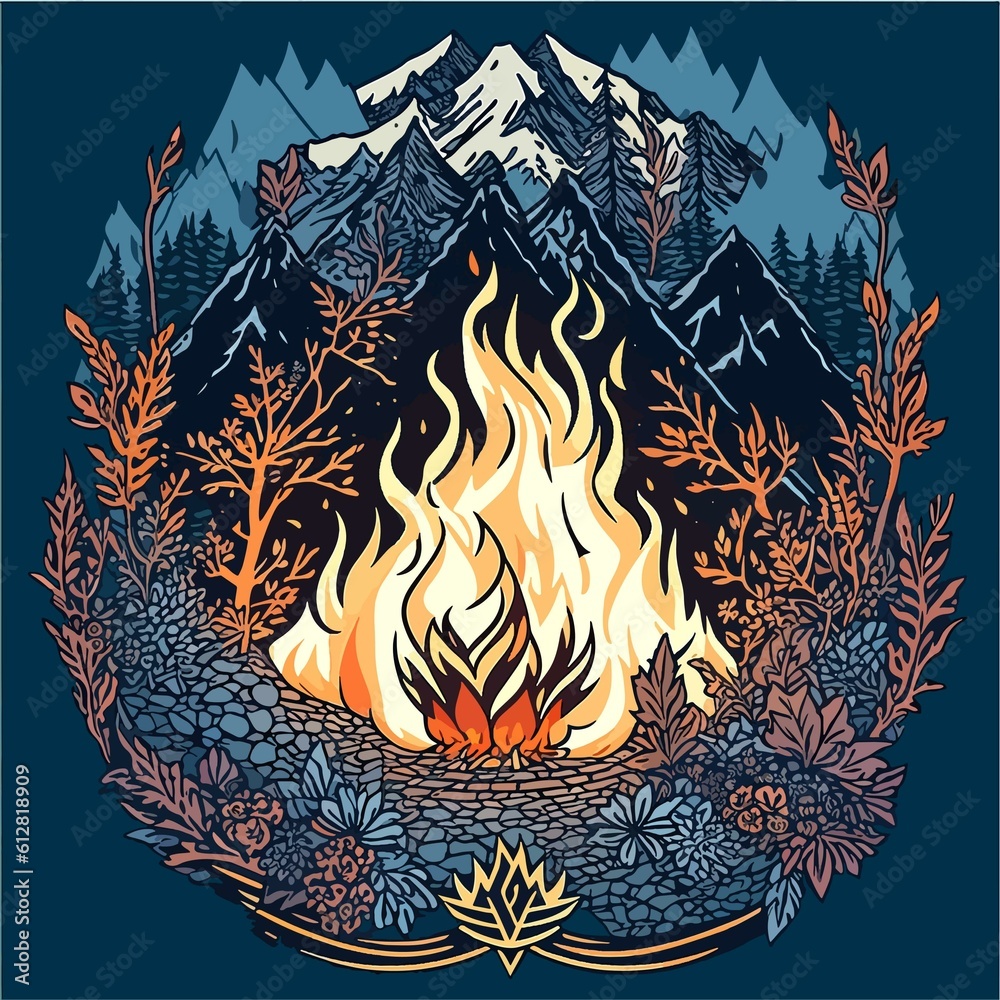 Bonfire at Mountain Logo Vector
