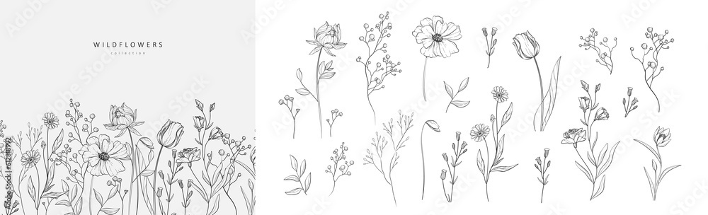 Floral branch and minimalist flowers for logo or tattoo. Hand drawn line wedding herb, elegant leaves - obrazy, fototapety, plakaty 
