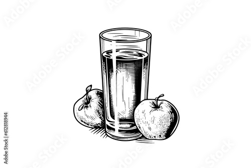 Water with apple  hand drawn engraving style vector illustration.