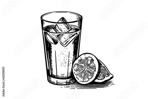 Water with lemon  hand drawn engraving style vector illustration.