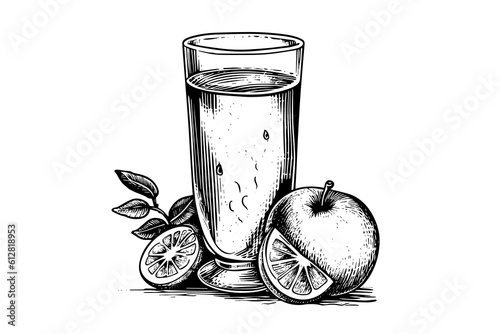 Drink lemonade with lemon and mint hand drawn engraving style vector illustration.