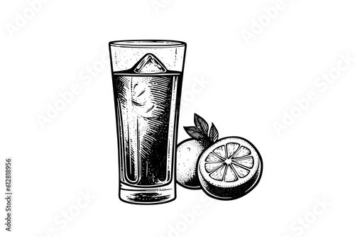 Water with lemon  hand drawn engraving style vector illustration.
