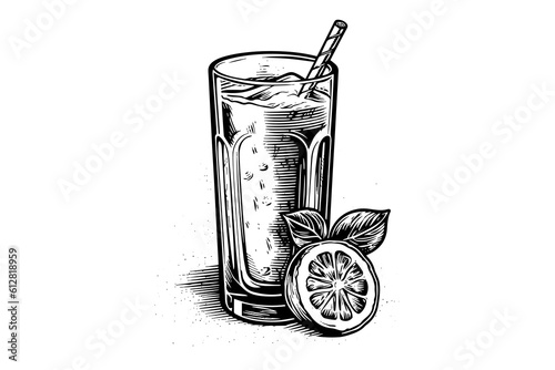 Water with lemon  hand drawn engraving style vector illustration.