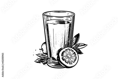 Drink lemonade with lemon and mint hand drawn engraving style vector illustration.