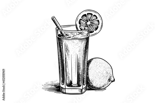 Water with lemon hand drawn engraving style vector illustration.