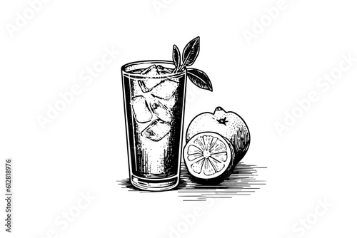 Drink lemonade with lemon and mint hand drawn engraving style vector illustration.