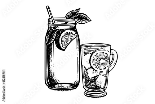 Jug of water with lemon  hand drawn engraving style vector illustration