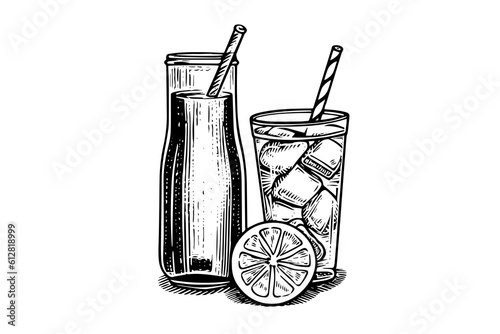 Jug of water with lemon  hand drawn engraving style vector illustration