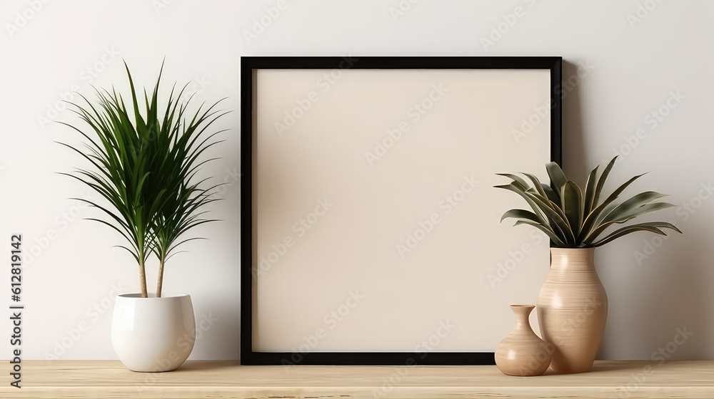 Leeres Bilderrahmen-Template (Rahmenvorlage) mit Vasen und Pflanzen in einem modernen Innenraum (Generative. AI)