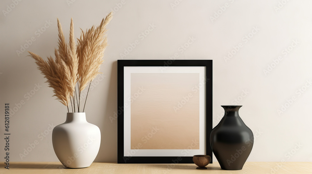 Leeres Bilderrahmen-Template (Rahmenvorlage) mit Vasen und einer Pflanze in einem modernen Innenraum (Generative. AI)