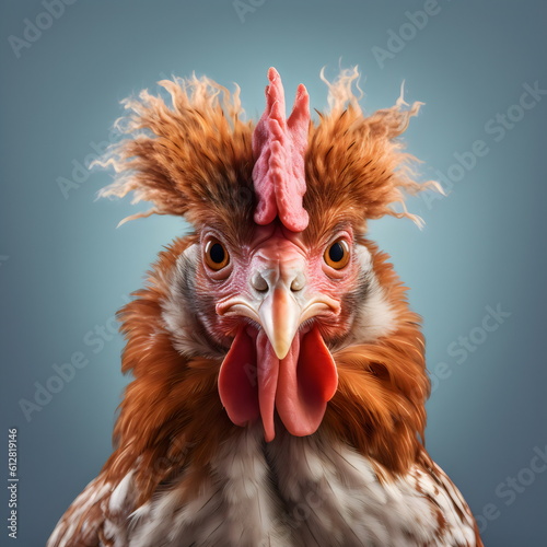 brown frizzle chicken isolated on plain blue studio background, made with generative ai