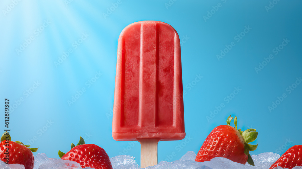 Erdbeereis am Stiel mit frischen Erdbeeren, Eiswürfleln und sommerlich ...