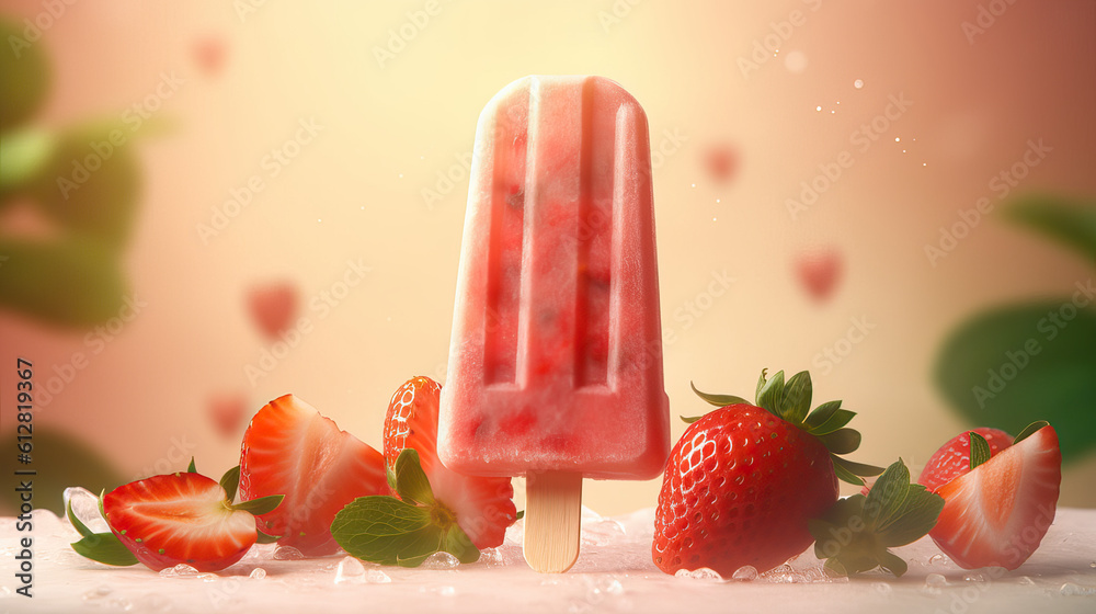 Erdbeereis am Stiel mit frischen Erdbeeren und Eiswürfleln im ...