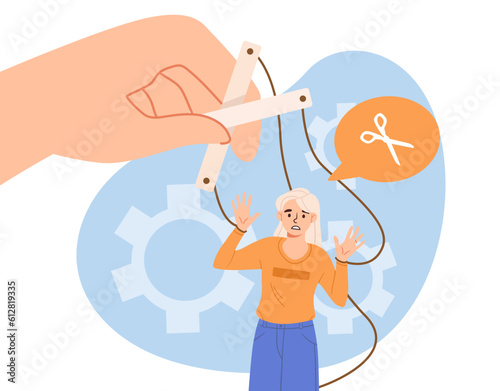 Manipulated woman on ropes concept. Manipulations and psychological abuse. Toxic relationships and work. Mental health and psychological problems. Cartoon flat vector illustration