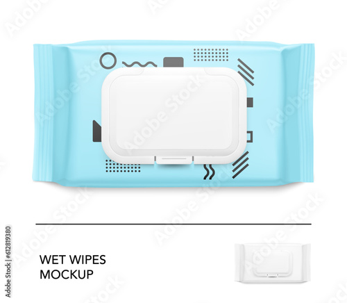 Wet wipe package bag mockup with sample. Vector illustration isolated on white background. This mockup is easy to use to present your product. EPS10.