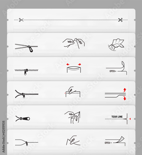 A set of icons for custom instructions for opening and closing a package. Package set, shows place for attention. EPS10.