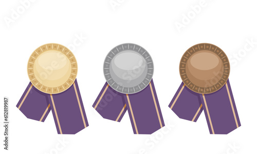 3 medale z fioletową wstążką - złoty, srebrny, brązowy. Odznaczenia dla zwycięzców. Trofea dla mistrzów. Wektorowa ilustracja.