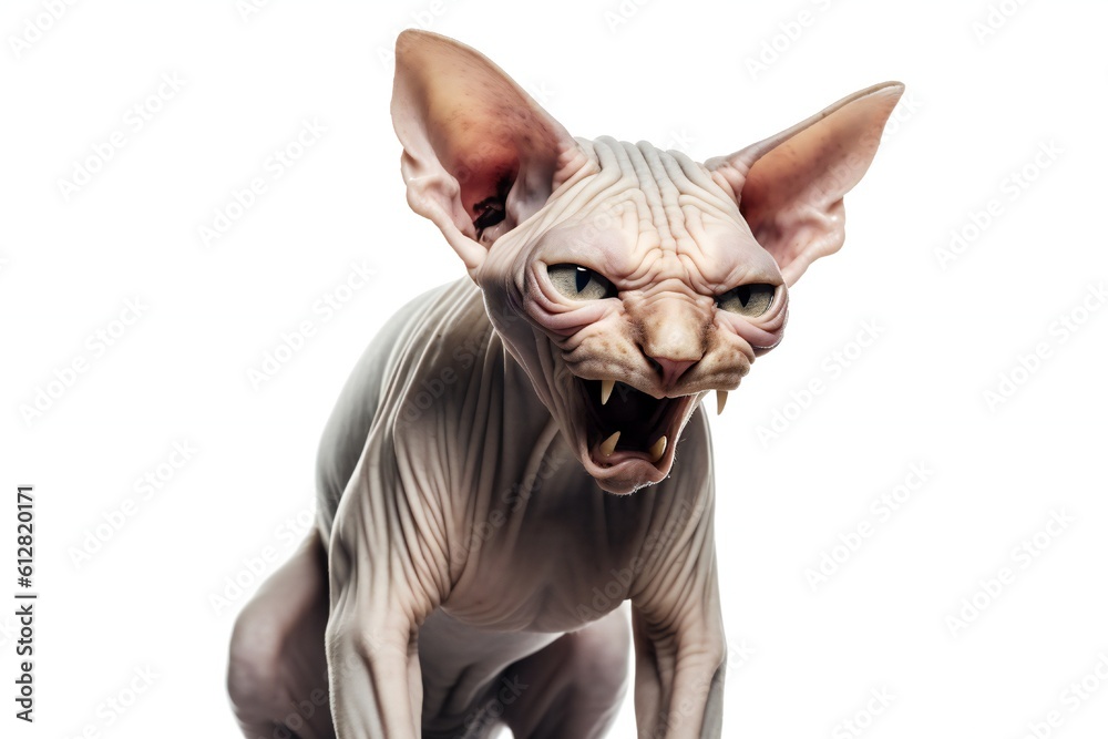 Angry screaming sphynx cat on white background Generative AI