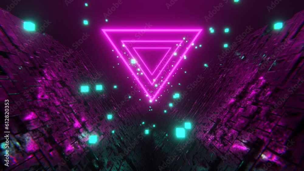 Abstract 3D sci-fi background. Seamless loop animation. Vaporwave videogame style with pink cyan neon glow. Bright light triangle and cube particles in dark space. 4k video 3d motion design 30 fps