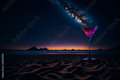 Delicious cocktail is on the beach at the night time with beautiful Milky Way and many stars on background . Generative AI technology