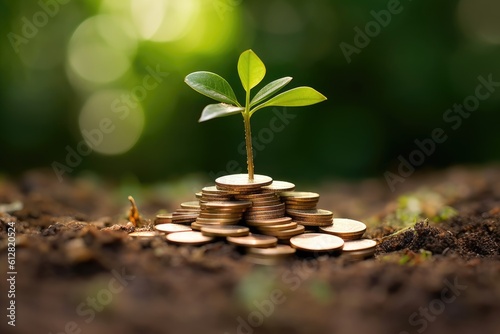 An image that represents the idea of financial growth and investment by photographing a sprouting plant or tree growing out of a pile of coins. Generative AI